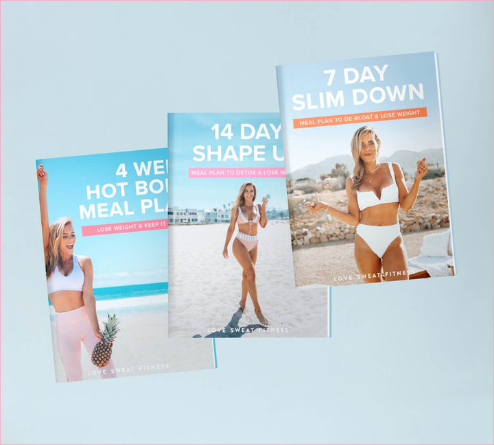 Three digital ebooks displayed with their covers visible. The covers are titled '4 Week Hot Body Meal Plan', '14 Day Slim Down', and '7 Day Shape Up Meal Plan'.