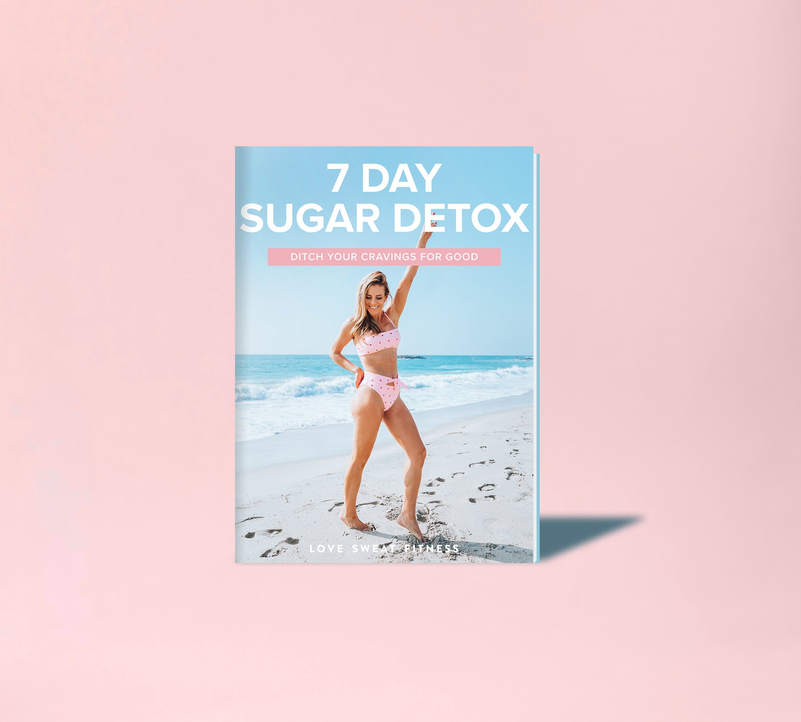 A digital product cover for '7 Day Sugar Detox Guide' featuring a woman standing on a beach, smiling, with text overlay on the image.