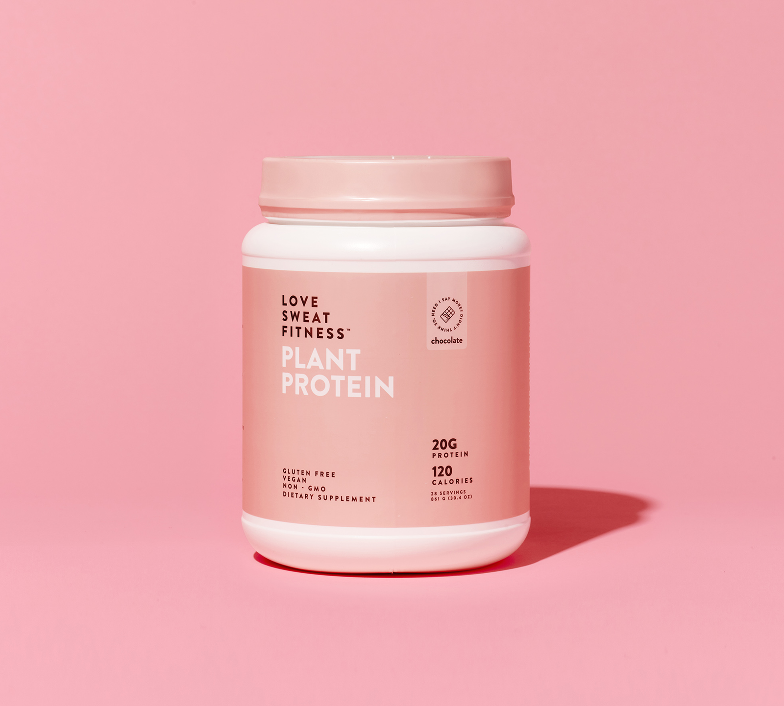 A pink container of Love Sweat Fitness Plant Protein powder on a pink background.