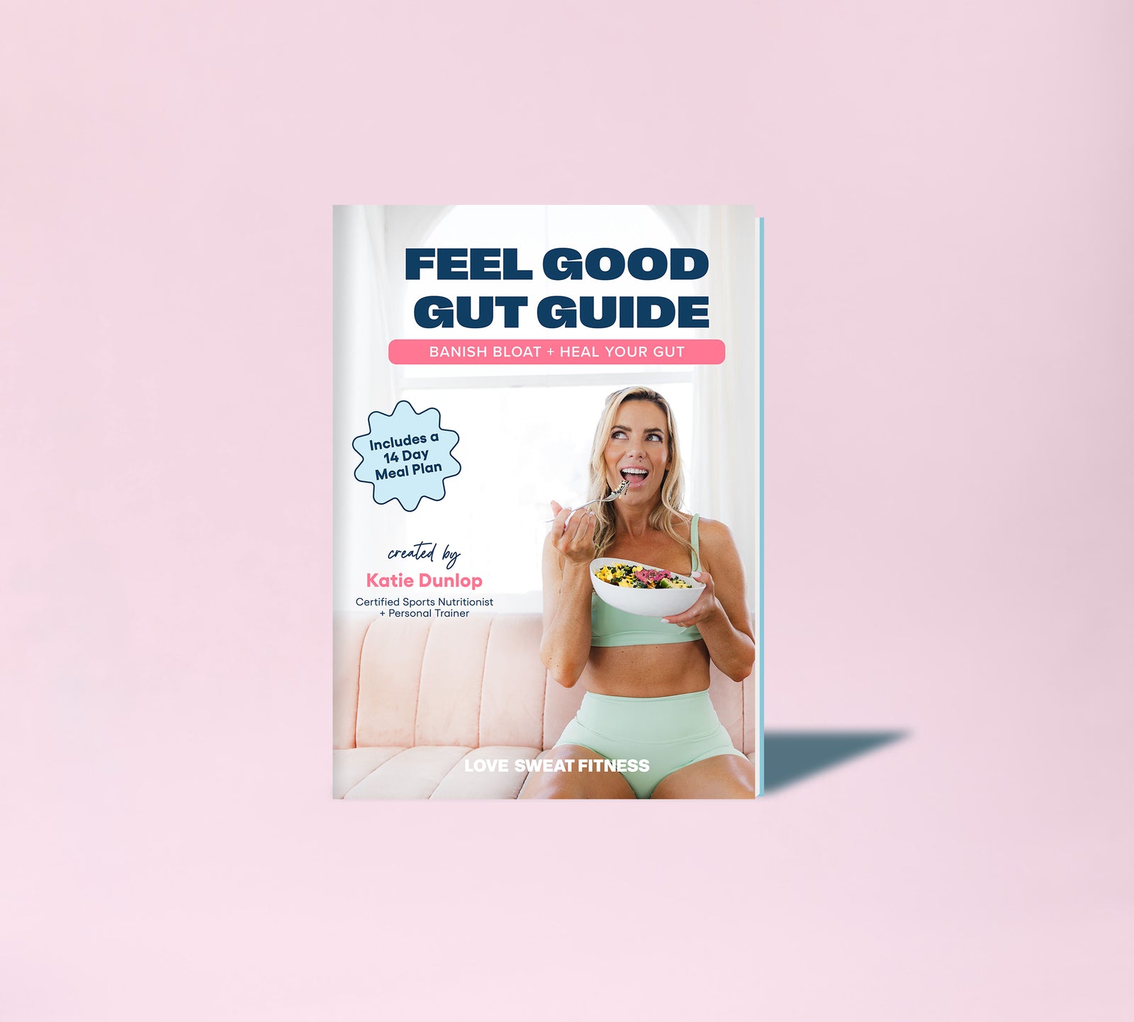 Cover of the 'Feel Good Gut Guide' eBook featuring a woman holding a bowl of fruit, with the title and author's name displayed.