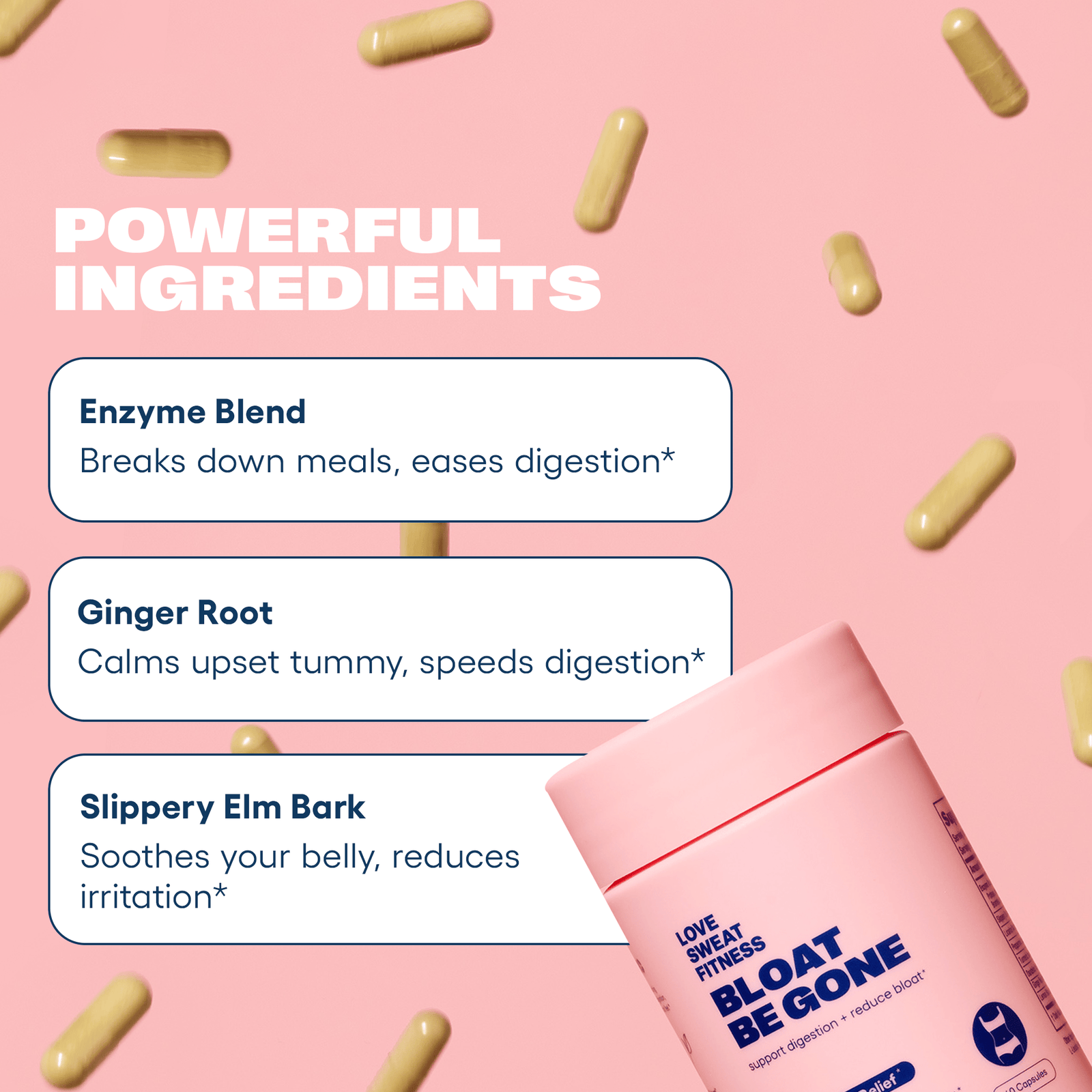 Bloat Be Gone Powerful Ingredients - Enzyme Blend, Ginger Root, Slippery Elm Bark