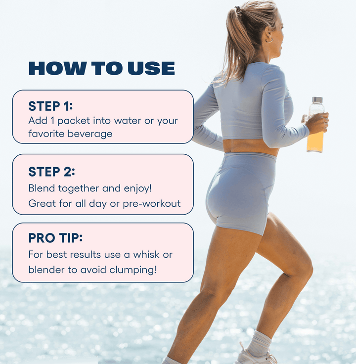 Pep Rally Energy - How to use, 1. Add 1 packet to water, 2. Blend together and enjoy