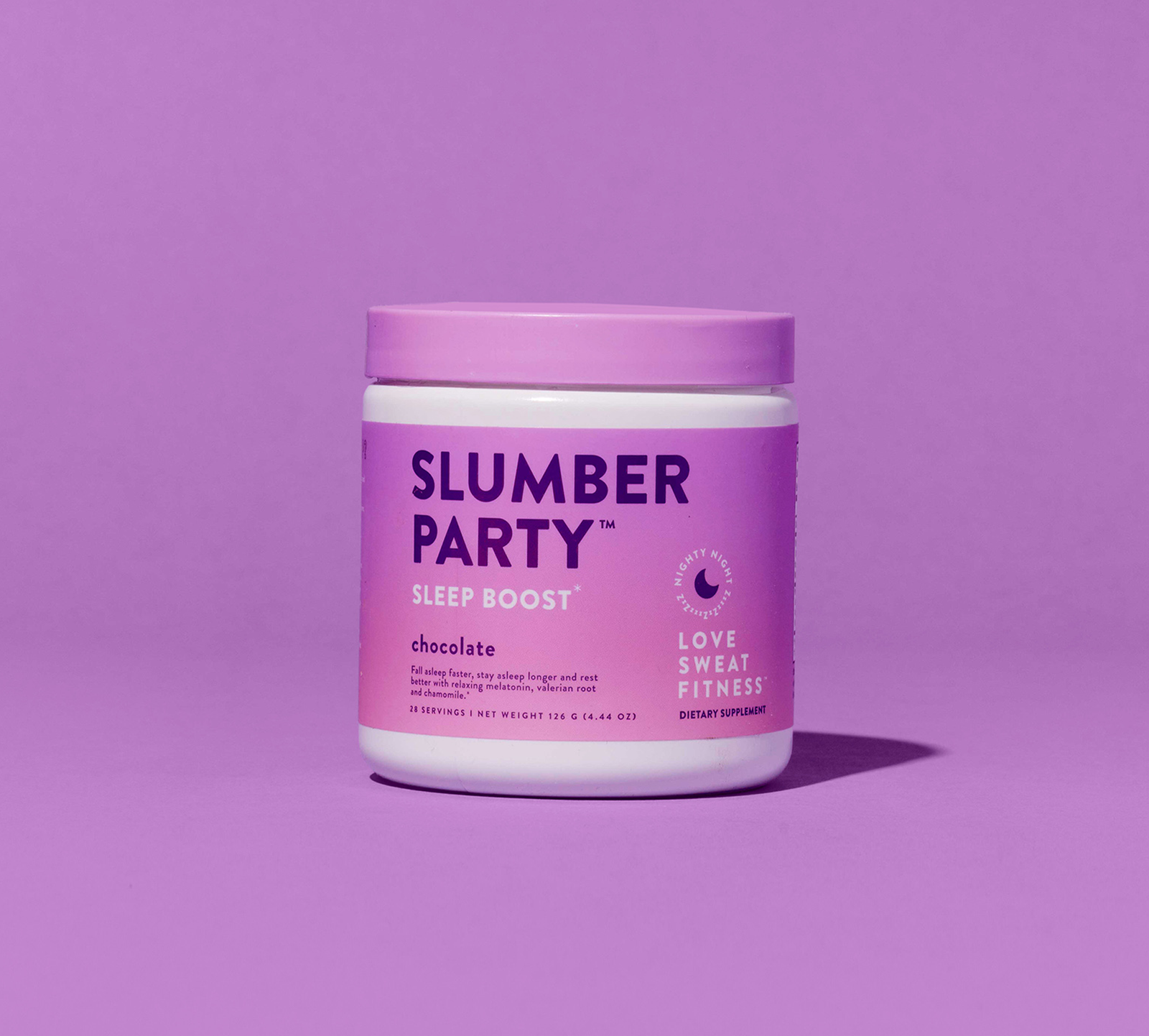 A container of Slumber Party Sleep Boost in chocolate flavor against a purple background.