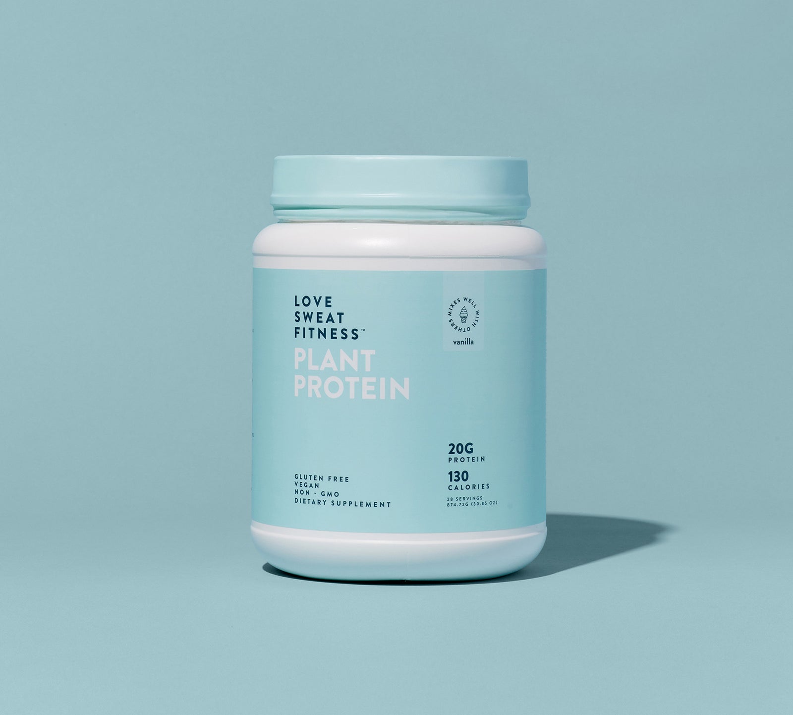 A white plastic jar with a blue lid labeled 'Love Sweat Fitness PLANT PROTEIN', displaying the product name and other details on a light blue background.