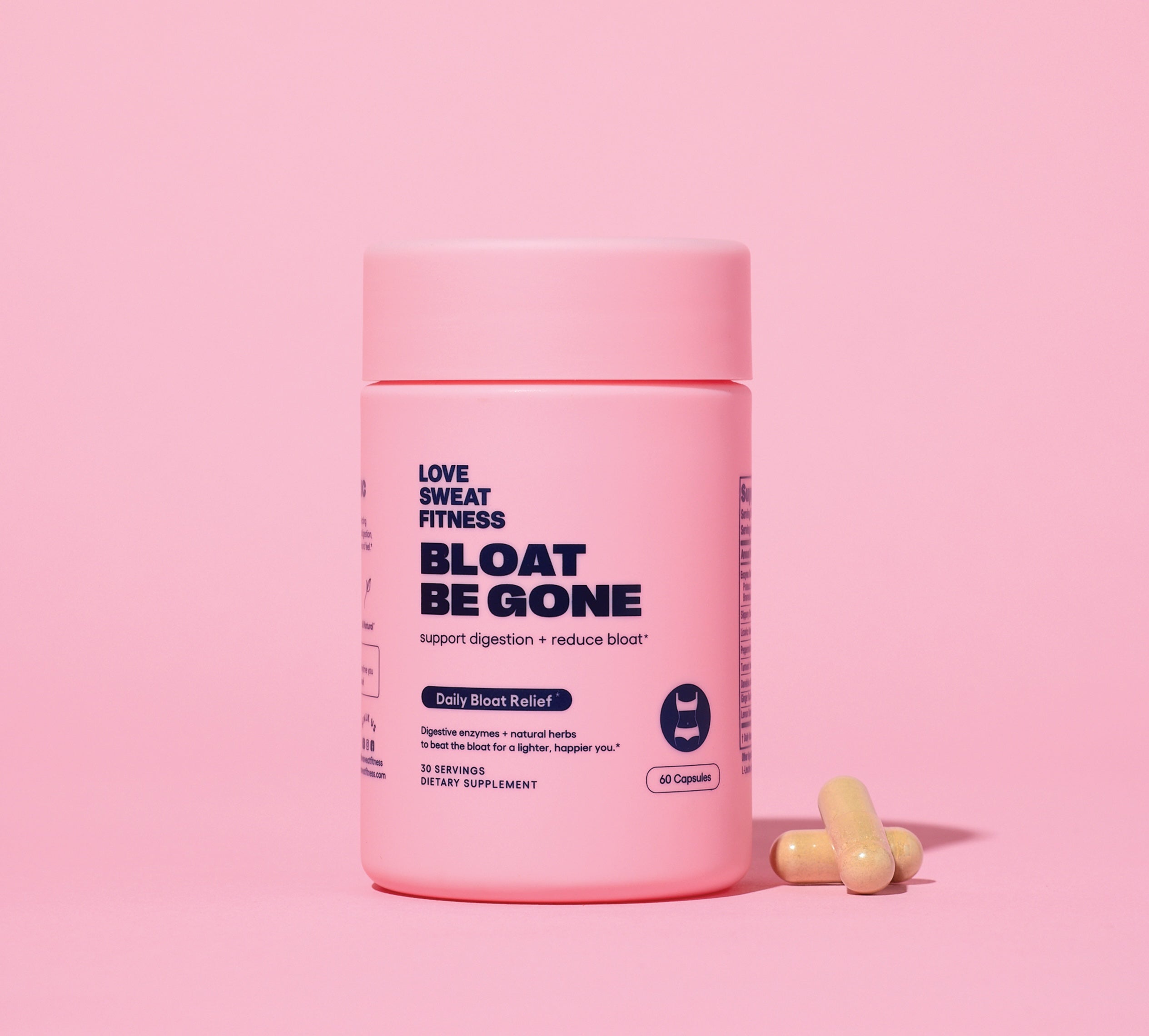 Bloat Be Gone supplement bottle on pink background with capsules next to it