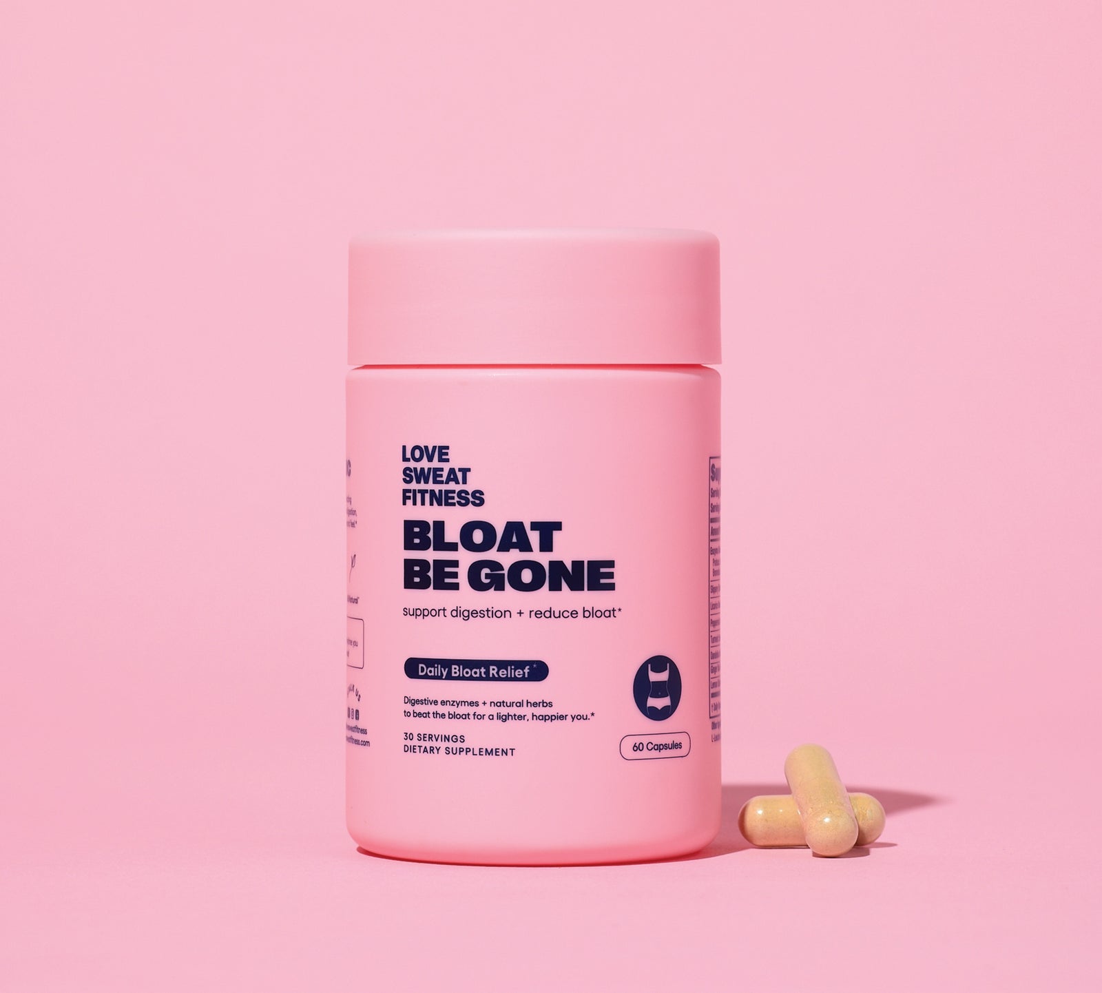 Bloat Be Gone supplement bottle on pink background with capsules next to it