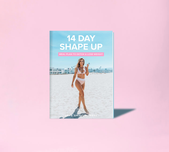 Cover of a 14 Day Shape Up Meal Plan ebook featuring a woman standing on a beach.