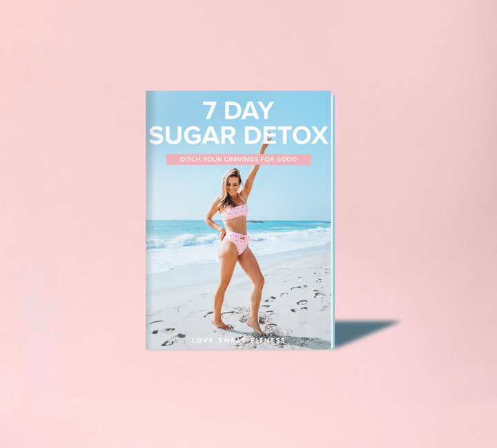 A digital product cover for '7 Day Sugar Detox Guide' featuring a woman standing on a beach, smiling, with text overlay on the image.