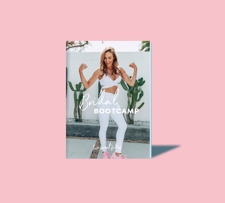 Cover of the '14 Day Bridal Bootcamp' ebook featuring a woman in workout attire flexing her biceps with text overlay.