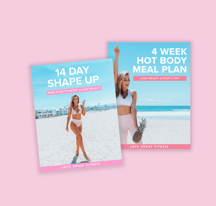 Two booklets promoting a 14 Day Shape Up Meal Plan and a 4 Week Hot Body Meal Plan, with images of a woman posing joyfully on a beach.