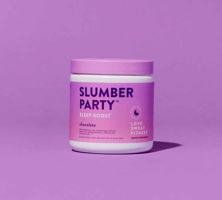 A container of Slumber Party Sleep Boost in chocolate flavor against a purple background.
