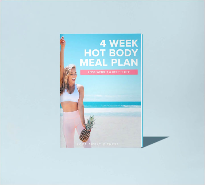 A digital product cover for '4 Week Hot Body Meal Plan' featuring an image of a woman smiling and holding a pineapple on a beach, with the product title and subtitle 'Lose Weight & Keep It Off' displayed.